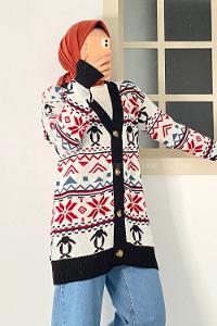 Modalamelif V Yaka Önü Düğmeli Etnik Desen Triko Hırka Siyah-Ekru