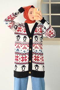 Modalamelif V Yaka Önü Düğmeli Etnik Desen Triko Hırka Siyah-Ekru