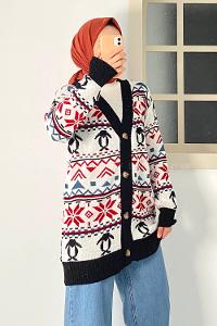 Modalamelif V Yaka Önü Düğmeli Etnik Desen Triko Hırka Siyah-Ekru