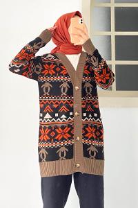 Modalamelif V Yaka Önü Düğmeli Etnik Desen Triko Hırka Siyah-Kahverengi