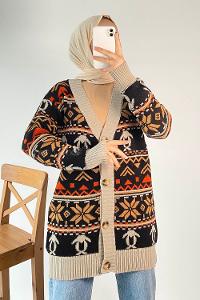 Modalamelif V Yaka Önü Düğmeli Etnik Desen Triko Hırka Siyah-Taş