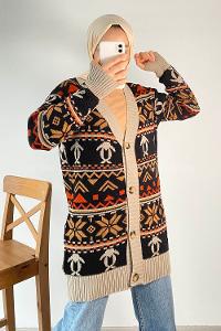 Modalamelif V Yaka Önü Düğmeli Etnik Desen Triko Hırka Siyah-Taş