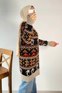 Modalamelif V Yaka Önü Düğmeli Etnik Desen Triko Hırka Siyah-Taş