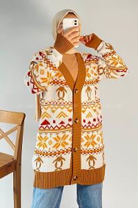 Modalamelif V Yaka Önü Düğmeli Etnik Desen Triko Hırka Sütlükahve