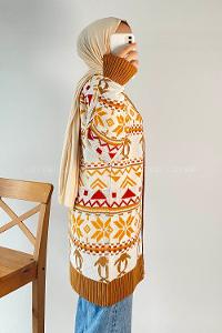 Modalamelif V Yaka Önü Düğmeli Etnik Desen Triko Hırka Sütlükahve