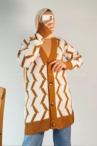 Modalamelif V Yaka Önü Düğmeli Etnik Desen Triko Hırka Sütlükahve