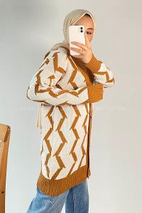 Modalamelif V Yaka Önü Düğmeli Etnik Desen Triko Hırka Sütlükahve