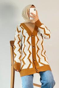 Modalamelif V Yaka Önü Düğmeli Etnik Desen Triko Hırka Sütlükahve