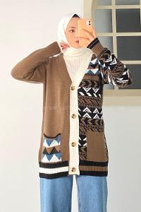 Modalamelif V Yaka Önü Düğmeli Renk Garnili Etnik Desen Triko Hırka Kahverengi