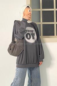 Modalamelif Yazı Baskılı Bisiklet Yaka Salaş Sweat Antrasit