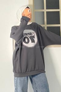 Modalamelif Yazı Baskılı Bisiklet Yaka Salaş Sweat Antrasit