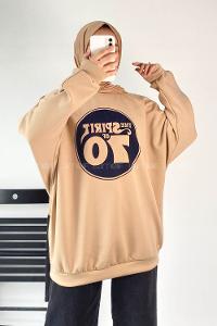 Modalamelif Yazı Baskılı Bisiklet Yaka Salaş Sweat Bej
