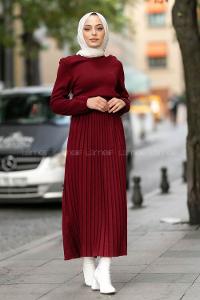 Modalamelif Eteği Piliseli Beli Kemer Detaylı Triko Elbise Bordo