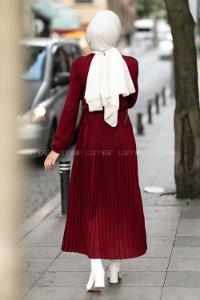 Modalamelif Eteği Piliseli Beli Kemer Detaylı Triko Elbise Bordo