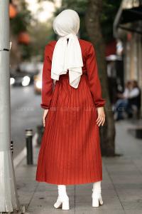 Eteği Piliseli Beli Kemer Detaylı Triko Elbise Koyu Kiremit