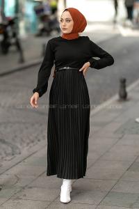 Modalamelif Eteği Piliseli Beli Kemer Detaylı Triko Elbise Siyah