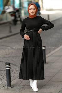 Modalamelif Eteği Piliseli Beli Kemer Detaylı Triko Elbise Siyah