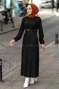 Modalamelif Eteği Piliseli Beli Kemer Detaylı Triko Elbise Siyah