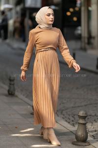 Modalamelif Eteği Piliseli Beli Kemer Detaylı Triko Elbise Sütlükahve