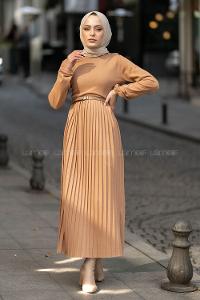 Modalamelif Eteği Piliseli Beli Kemer Detaylı Triko Elbise Sütlükahve