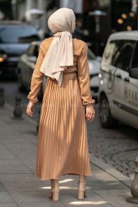 Modalamelif Eteği Piliseli Beli Kemer Detaylı Triko Elbise Sütlükahve