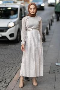 Modalamelif Eteği Piliseli Beli Kemer Detaylı Triko Elbise Taş