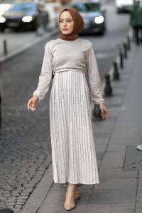 Modalamelif Eteği Piliseli Beli Kemer Detaylı Triko Elbise Taş