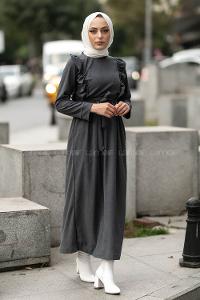 Modalamelif Fitilli Omuz Fırfır Detaylı Büzgü Detaylı Kuşaklı Elbise Füme