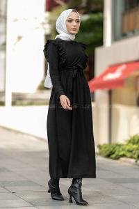 Modalamelif Fitilli Omuz Fırfır Detaylı Büzgü Detaylı Kuşaklı Elbise Siyah