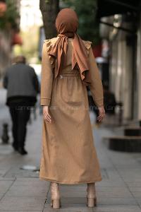 Modalamelif Fitilli Omuz Fırfır Detaylı Büzgü Detaylı Kuşaklı Elbise Sütlükahve