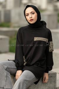 Modalamelif Floto Deri Fermuarlı Garnili Kapak Cepli Sweatshirt Siyah