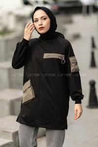 Modalamelif Floto Deri Fermuarlı Garnili Kapak Cepli Sweatshirt Siyah