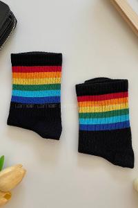 Modalamelif Gökkuşağı Renkler Çizgili Siyah Soket Çorap