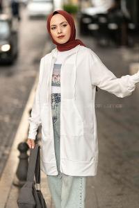 Modalamelif Cep Fermuar Detaylı Kapüşonlu Hırka Beyaz