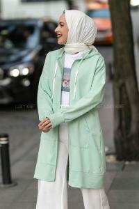 Modalamelif Kanguru Cep Fermuar Detaylı Kapüşonlu Hırka Su Yeşili