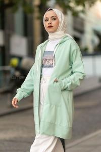 Modalamelif Kanguru Cep Fermuar Detaylı Kapüşonlu Hırka Su Yeşili