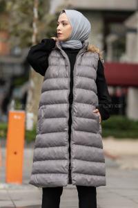 Modalamelif Kapüşonlu Kürklü Çift Cepli Fermuarlı Şişme Mont Yelek Gri