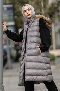 Modalamelif Kapüşonlu Kürklü Çift Cepli Fermuarlı Şişme Mont Yelek Gri