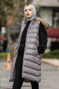 Modalamelif Kapüşonlu Kürklü Çift Cepli Fermuarlı Şişme Mont Yelek Gri