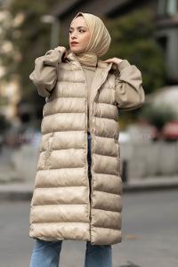 Modalamelif Kapüşonlu Kürklü Çift Cepli Fermuarlı Şişme Mont Yelek Krem