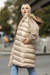 Modalamelif Kapüşonlu Kürklü Çift Cepli Fermuarlı Şişme Mont Yelek Krem