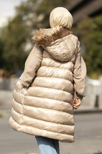 Modalamelif Kapüşonlu Kürklü Çift Cepli Fermuarlı Şişme Mont Yelek Krem