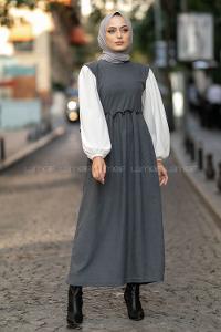 Modalamelif Kol Garnili Beli Büzgü Detaylı Triko Elbise Füme