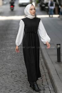 Modalamelif Kol Garnili Beli Büzgü Detaylı Triko Elbise Siyah