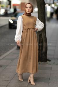 Modalamelif Kol Garnili Beli Büzgü Detaylı Triko Elbise Sütlükahve