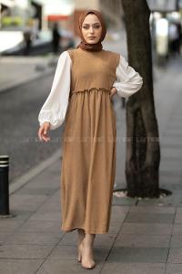 Modalamelif Kol Garnili Beli Büzgü Detaylı Triko Elbise Sütlükahve