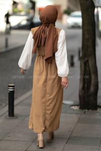 Modalamelif Kol Garnili Beli Büzgü Detaylı Triko Elbise Sütlükahve