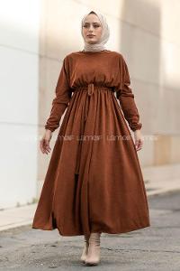 Modalamelif Kol ve Beli Büzgü Detaylı Kuşaklı Elbise Acıkahve