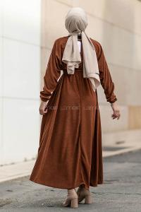 Modalamelif Kol ve Beli Büzgü Detaylı Kuşaklı Elbise Acıkahve