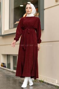 Modalamelif Kol ve Beli Büzgü Detaylı Kuşaklı Elbise Bordo